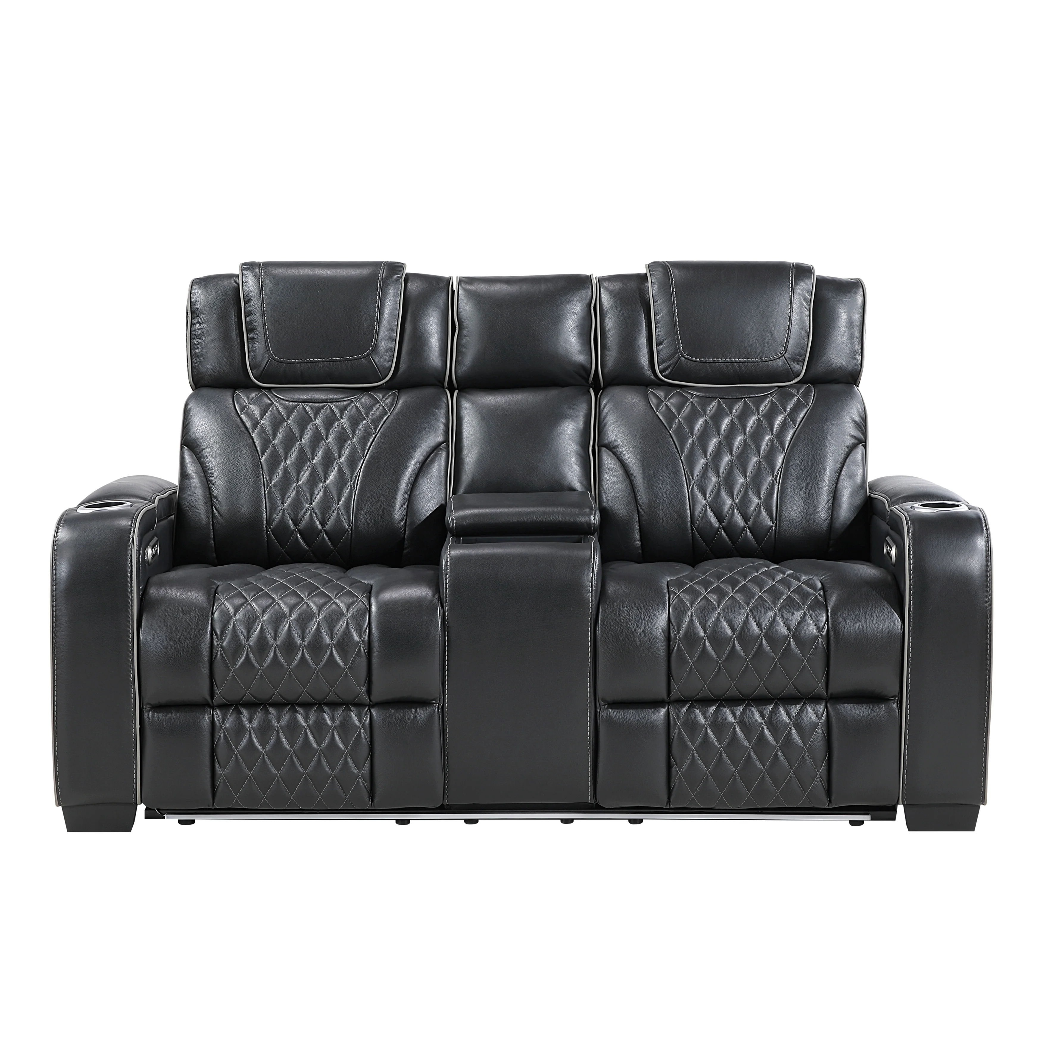 Apex Power Double Reclining Love Seat With Center Console, Power Headrests, Storage Arms With Cup Holders, Wireless Charger, Air Massage And Heat, LED Lighting And Charging Ports
