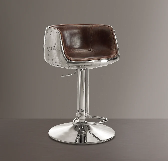 Brancaster Vintage Brown Top Grain Leather & Aluminum Adjustable Stool (1Pc)