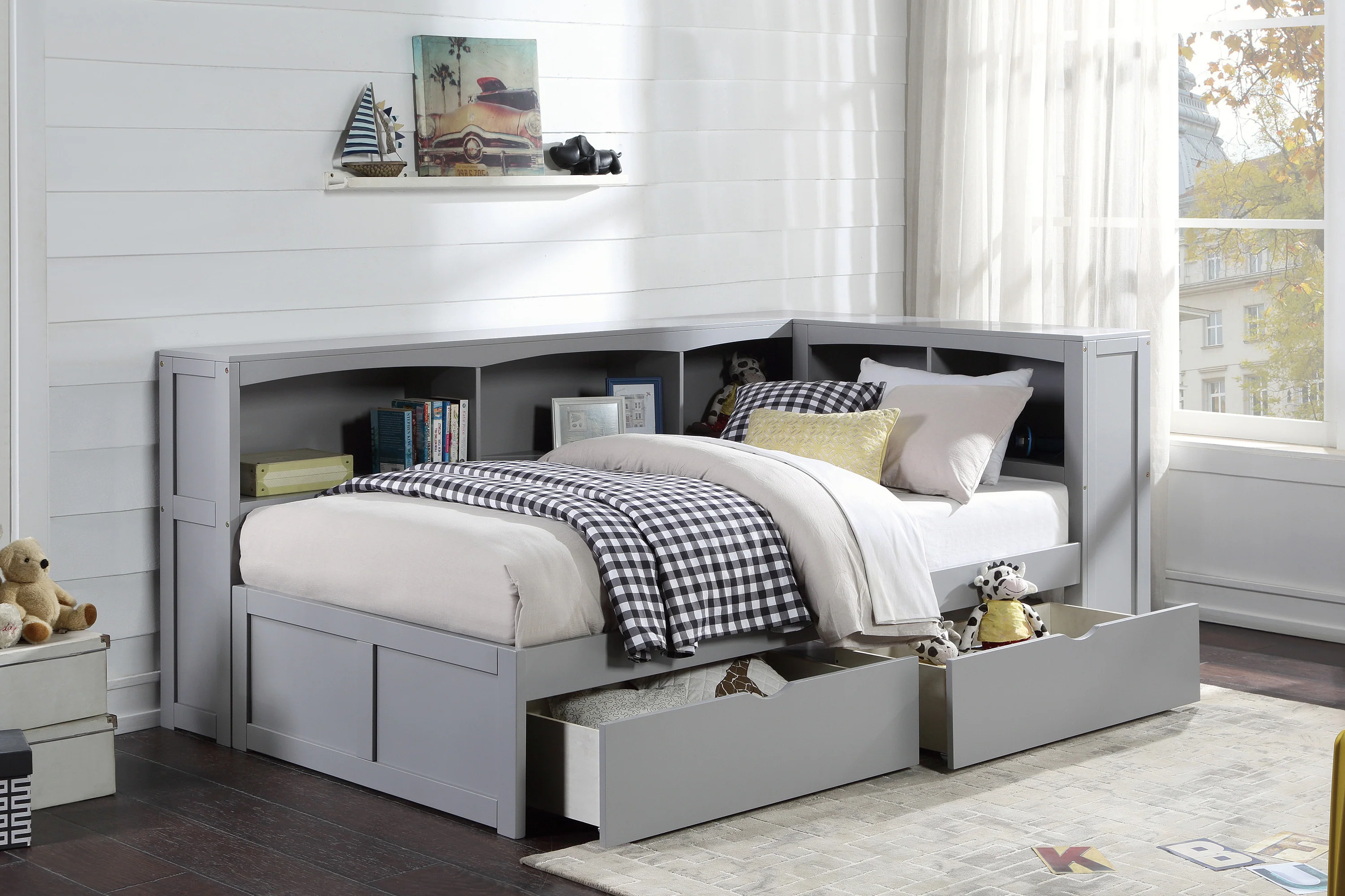 Orion Twin Bookcase Corner Platform Bed With Storage Boxes - Image 4